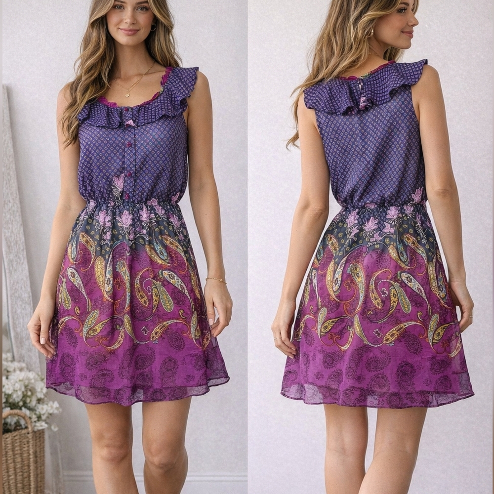 JOY JOY Boutique Purple Paisley Print Sleeveless Ruffle Dress